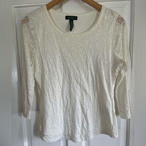 LRL Ralph Lauren Medium Burnout Paisley Lined Knit 3/4 Sleeve Casual Top